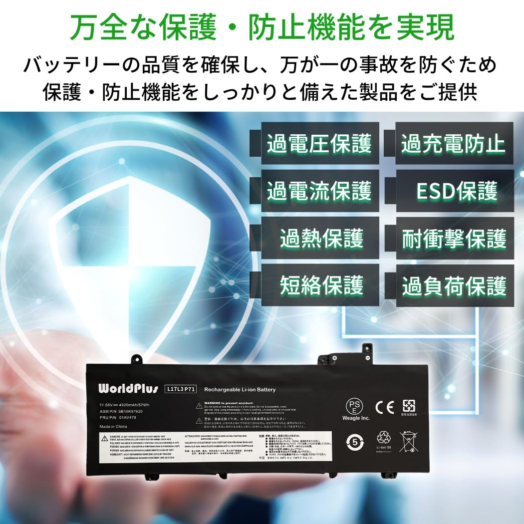WorldPlus L17L3P71 01AV478 互換バッテリー レノボ Lenovo ThinkPad T480s 対応 01AV479 01AV480 L17M3P71